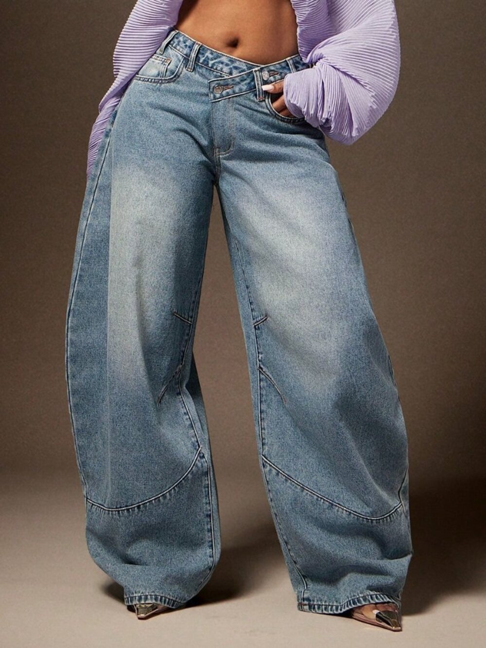 Light Wash Casual Women's Asymmetrical Waist Barrel Wide Leg Denim Pants - Picture 3 of 5